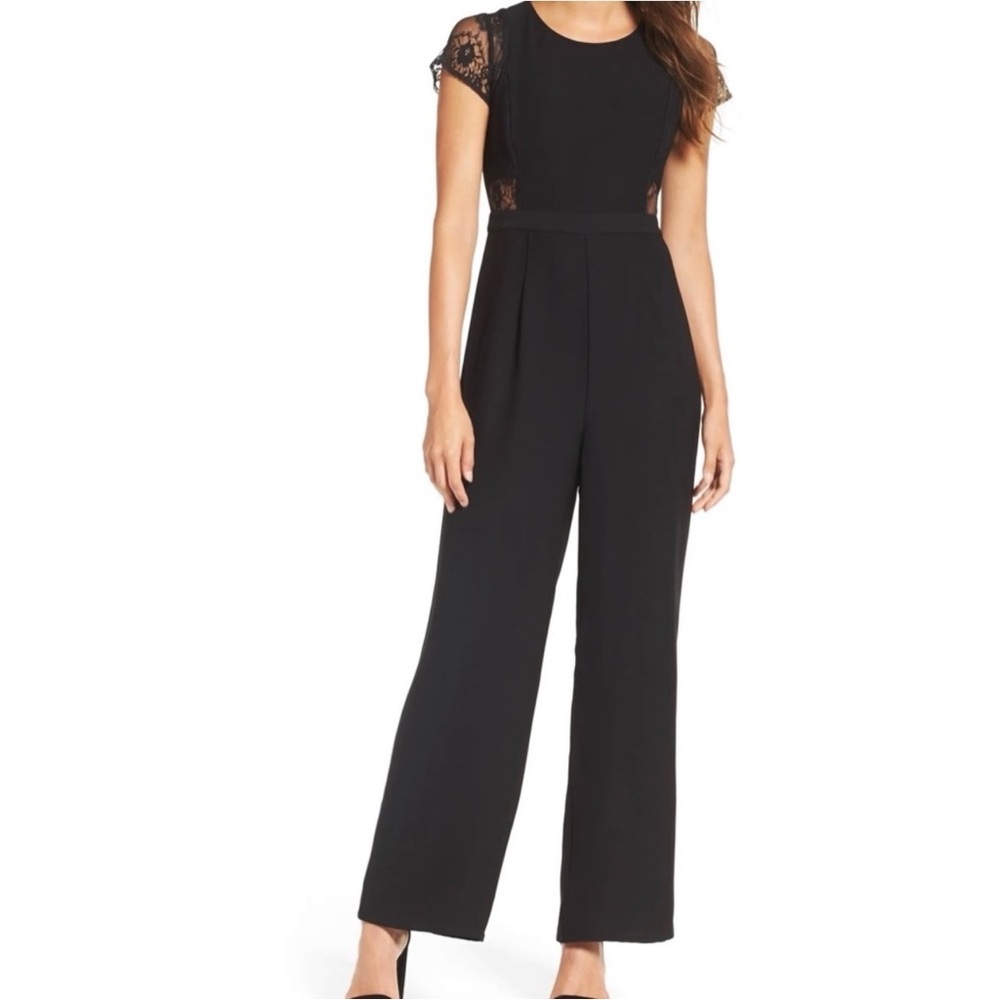 NWT 19 COOPER Lace Inset Jumpsuit Keyhole Back Cap Sleeves Black Women’s Size XL